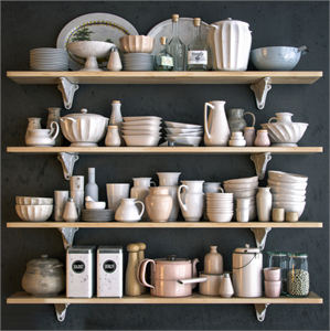 Shelf with utensils in bright colors